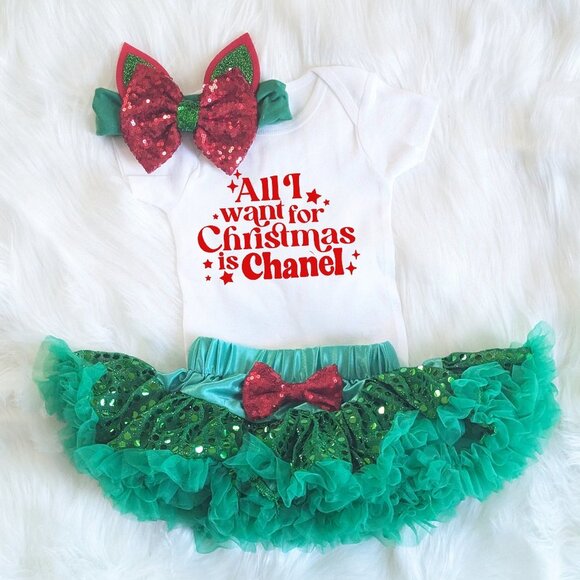 Handmade Other - Baby Girl Christmas Outfit : All I Want For Christmas Is Chanel NEW 12-18M